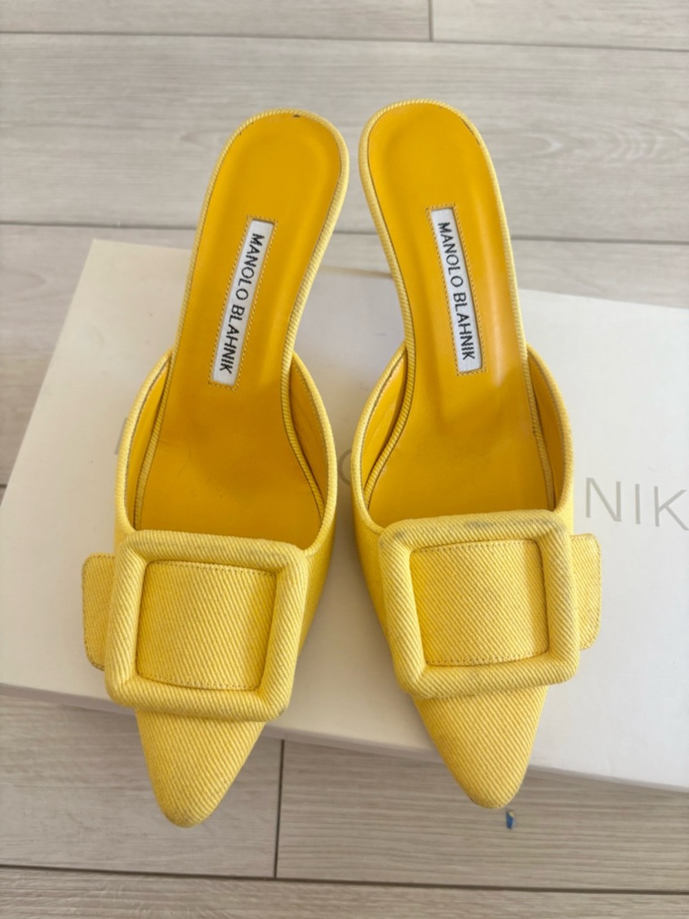 Manolo Blahnik Yellow Pointed Buckle Mules size 35
